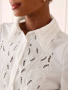 Lilora Stylish White Women Blouse With Unique Embroidered And Eyelet Design Long Sleeve Button Down Shirt For Office And Everyday Wear, Women's Shirts For Summer, Women Casual Outfits - White - View 2