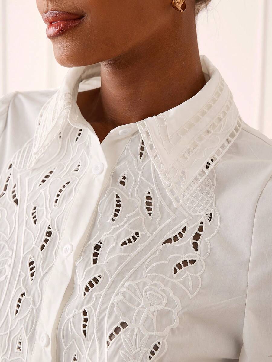 Lilora Stylish White Women Blouse With Unique Embroidered And Eyelet Design Long Sleeve Button Down Shirt For Office And Everyday Wear, Women's Shirts For Summer, Women Casual Outfits