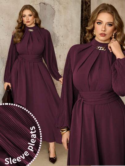 Roveilla Büyük Beden Kadın İlkbahar, Sonbahar ve Kış Fransız Romantik Sicilya Şık Günlük İşe Gidiş Geliş Tatil Öğleden Sonra Çay Partisi Düz Renk Dik Yaka Kollu Pileli Bel Bağlamalı Elastik Bel Taklit Metal Detaylı Maksi Elbise