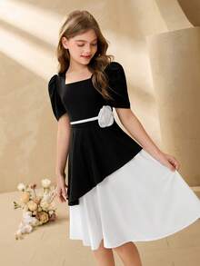 Tween Girl Colorblock Square Neck Petal Sleeve Dress With 3D Floral Decor - Black - View 4