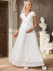 SHEIN Đầm bầu cổ chữ V tay ngắn thắt eo ren thanh lịch - trắng - Xem 1