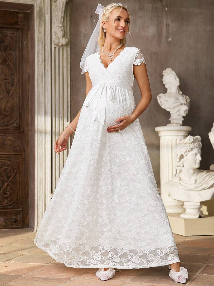 SHEIN Đầm bầu cổ chữ V tay ngắn thắt eo ren thanh lịch - trắng - Xem 1