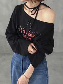 FRIFUL Women's Solid Color Drawstring Bow Tie Diamond Print Loose Casual Sexy Versatile T-Shirt, Autumn Golf Pastal - Black - View 3