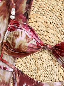 Bonvoyette Summer New Multi-Color Twist Pearl Decor Bandeau Dual Fabric Digital Print Ruched Waist Bodycon Skirt, Viral Party Afternoon Tea Beach Resort 3-Piece Swimwear Set For Women Women Vacation Outfit Sets Women S Beach Outfits Summer Festival Outfits For Women Party Outfit,Beach Outfits  Wedding Guest Dress For Women  Elegant Dresses For Women Beach Outfits Elegant Women's Set Vacation Outfits Women Wedding Guest Set For Women - Multicolor - View 4
