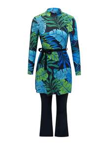 SHEIN Swim Mulvari 女士春夏新款布基尼两件套，含腰带，时尚端庄显瘦大叶绿色印花休闲中东度假风长袖长裤布基尼套装 - 彩色 - 查看 6