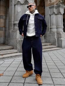 Artur Kramer 男士深蓝色牛仔两件套，休闲夹克和宽松长裤，春秋季 - 深色水洗藍 - 查看 6