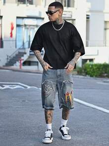 Devon Thys Men's Floral Pattern Frayed Pocket Wide Leg Loose Denim Shorts Hang Out Street Tropical College - Light Wash - View 4
