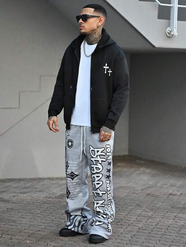 Devon Thys 1pc Men's Loose Fit Graphic Printed Zip Up Hoodie With Drawstring, Zipper Basic Long Sleeve Hooded Sweatshirt, For Friends, Husband, Boyfriend Gifts, For Fall