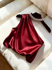 EMERY ROSE 女士优雅酒红色缎面吊带背心，珍珠领饰，褶皱肩部设计，百搭实用，适合通勤、日常、约会、外出、周末休闲、咖啡馆、春季、轻松职场、朋友聚会等场合，甜美、简约、复古、清新、文艺、轻复古、少女、日常时尚、商务、办公室、约会、都市教师制服、圣诞节和新年装扮 - 酒紅色 - 查看 7