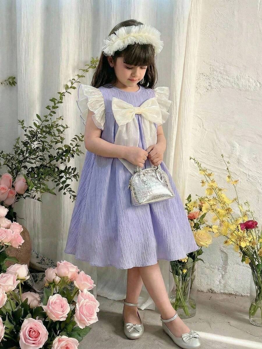 SHEIN 少女宽松优雅圆领短袖撞色蝴蝶结装饰连衣裙 - 粉色 - 查看 1