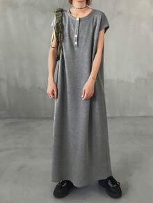 FRIFUL Vestido casual largo de cuello redondo y media cremallera para mujer - Gris - Ver 3