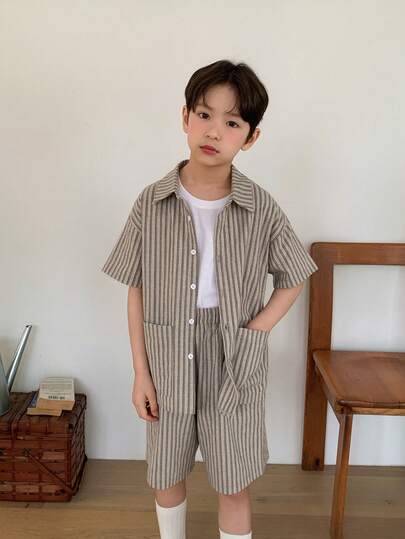 Dazy Kids 男童夏季休闲条纹短袖衬衫和短裤套装