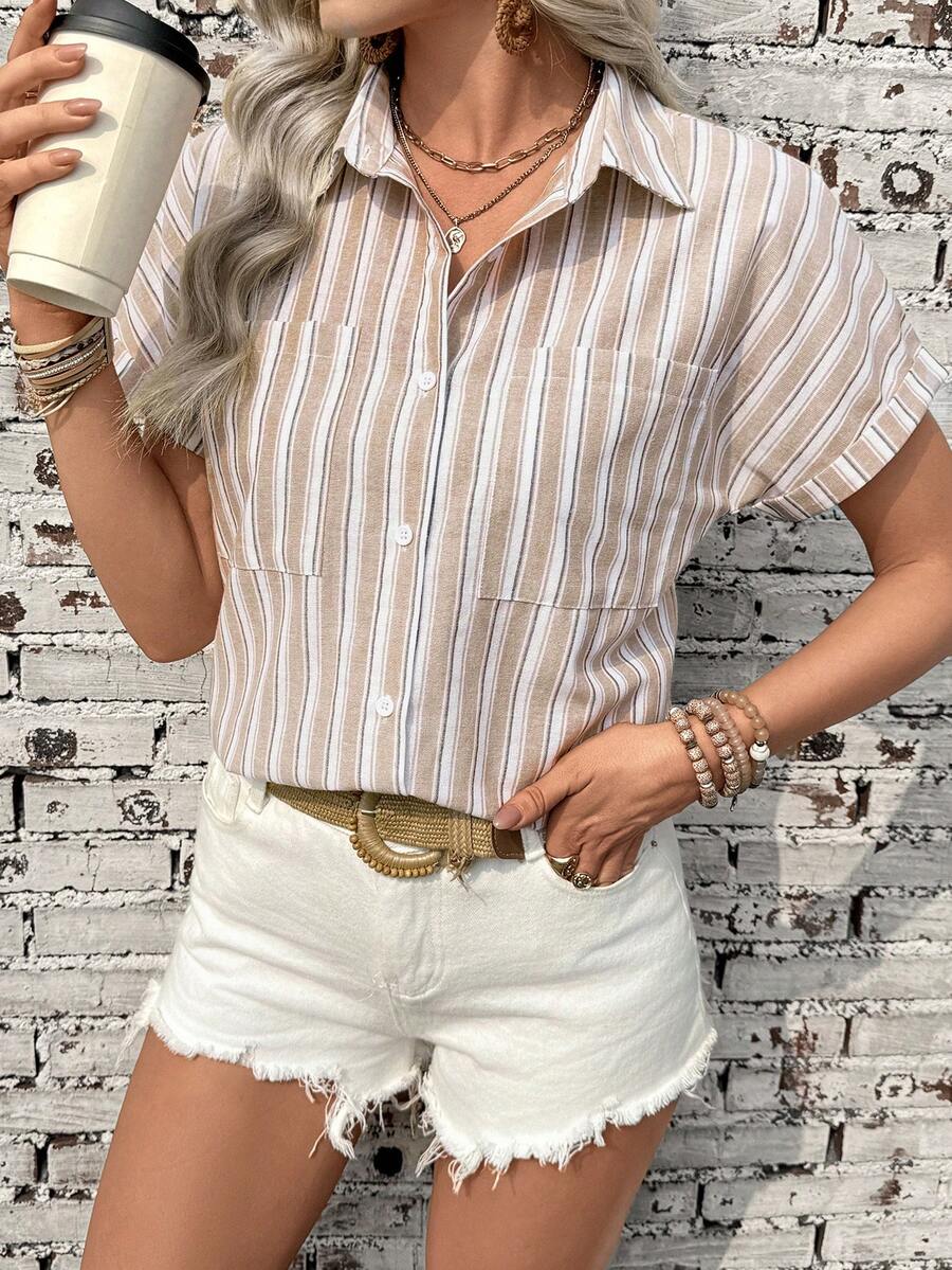 SHEIN Holidaya 休闲度假开襟条纹女式衬衫 - 卡其色 - 查看 1