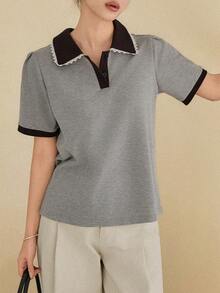 DAZY 女士夏季撞色蕾丝拼接Polo领休闲T恤 - 深灰色 - 查看 4