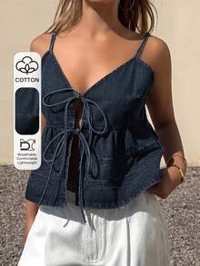 DAZY Chaleco de mezclilla lavada con estilo de camisola casual de vacaciones con lazo para mujer - Azul lavado oscuro - Ver 1