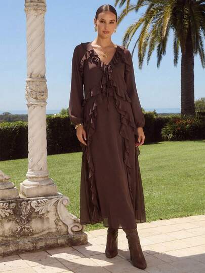Enchnt Spring/Summer  Romantic Women's Brown Ruffle V-Neck Lantern Sleeve Elegant Long Dress,Chic&Elegant For Date&Going Out&Daily Commute&Afternoon Tea,Summer Dresses For Women,Summer Clothes For Women,Summer Outfits For Women