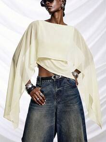 LYSMO 2026 New Minimalist Asymmetric Hem Cropped T-Shirt, Sheer Casual Top, Apricot - Apricot - View 1