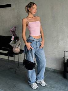 SHEIN EZwear Solid Color Fitted Backless Cropped Camisole Top, Summer,Pink Top - Pink - View 3