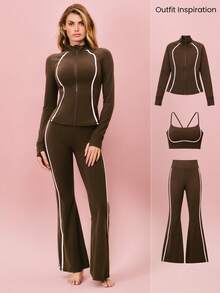 GLOWMODE FeatherFit™ True Potential Slim Fit Contrast Strip Jacket With Thumbholes Side Pockets Low Impact Yoga Pilates Studio Daily Casual Wear - Brown - View 7