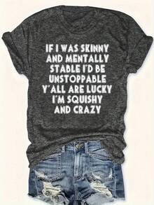 SHEIN LUNE 女装标语印花夏季深灰色圆领T恤 印花T恤 女式上衣 - 深灰色 - 查看 1