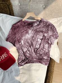 SHEIN EZwear 扎染印花扭结短袖T恤，休闲夏季款 - 咖啡棕 - 查看 3
