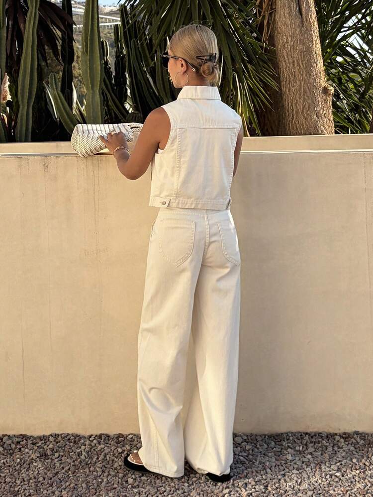 Women's Denim Suit - Collared Sleeveless Top & Solid Color Pants