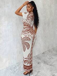 Eryvara 新款时尚印花V领褶皱修身连衣裙 - 彩色 - 查看 2