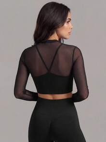 Anewsta 健身运动普拉提瑜伽服，时尚性感镂空高领长袖网眼T恤 - 黑色 - 查看 4