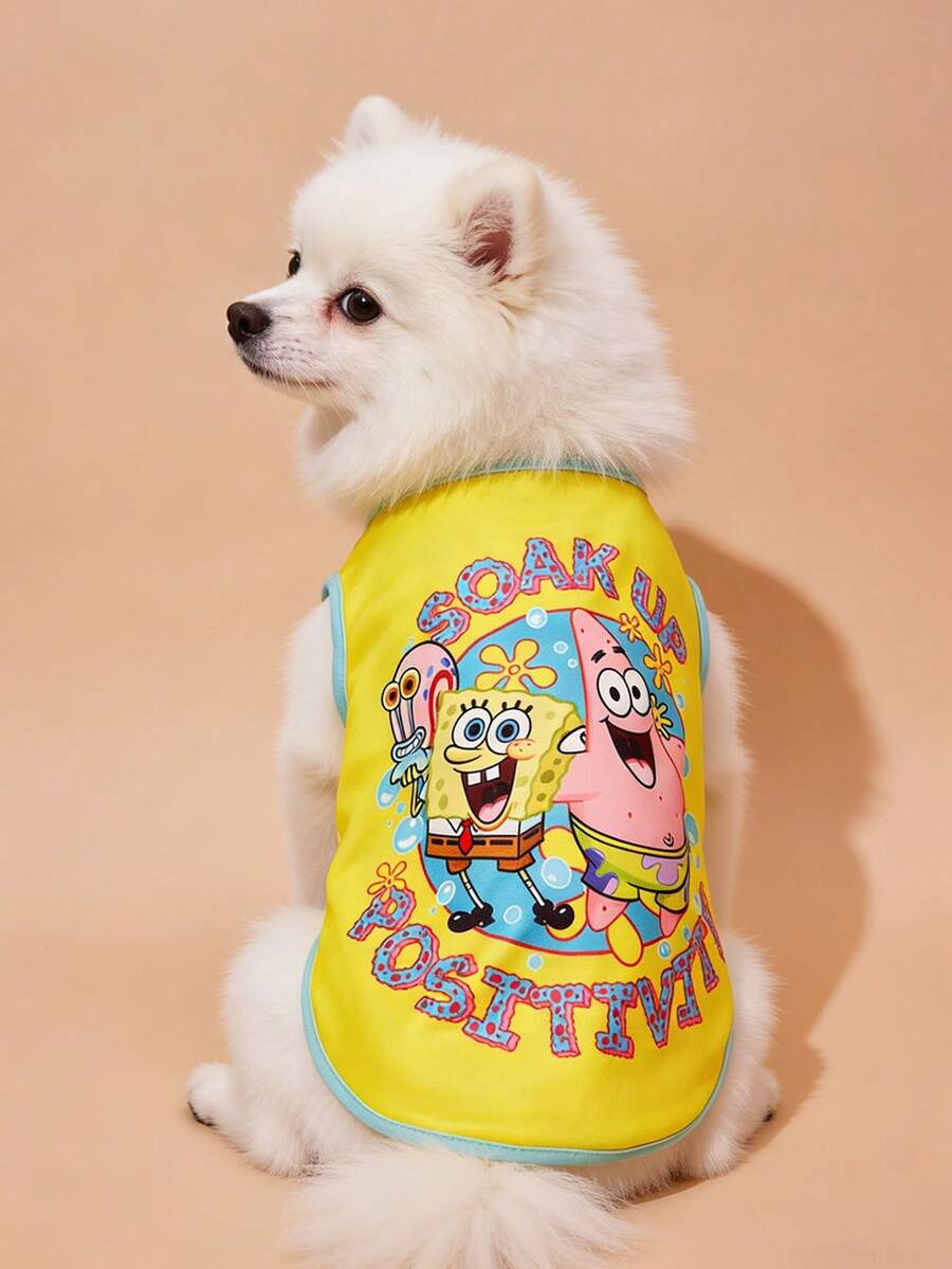 SpongeBob SquarePants | SHEIN 1件可爱卡通印花宠物背心,猫狗通用,尺码从XXS到XXXXXL(XS到XL),海绵材质,吸收正能量,活泼可爱 - 黃色 - 查看 1