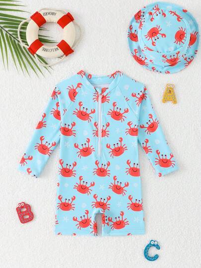 SHEIN Vintaside Kids Baby Boys Whale Print Rash Guard Swimsuit With Long Sleeve And Wide Brim Hat, Baby BoySwimwear With Cute Red Crab Print, Knit Fabric, White Zipper Long Sleeve Shorts Design, Suitable For Swimming, Vacation, Summer Beach, Pool, Holiday Party