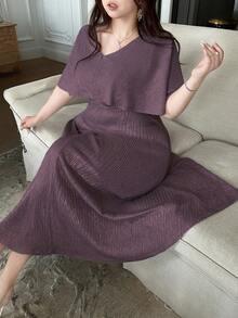 Dazy Plus Vestido de fiesta de manga larga con cuello en V y volantes, 2 en 1 para estilizar la cintura, talla grande, vestido de verano - Morado - Ver 1