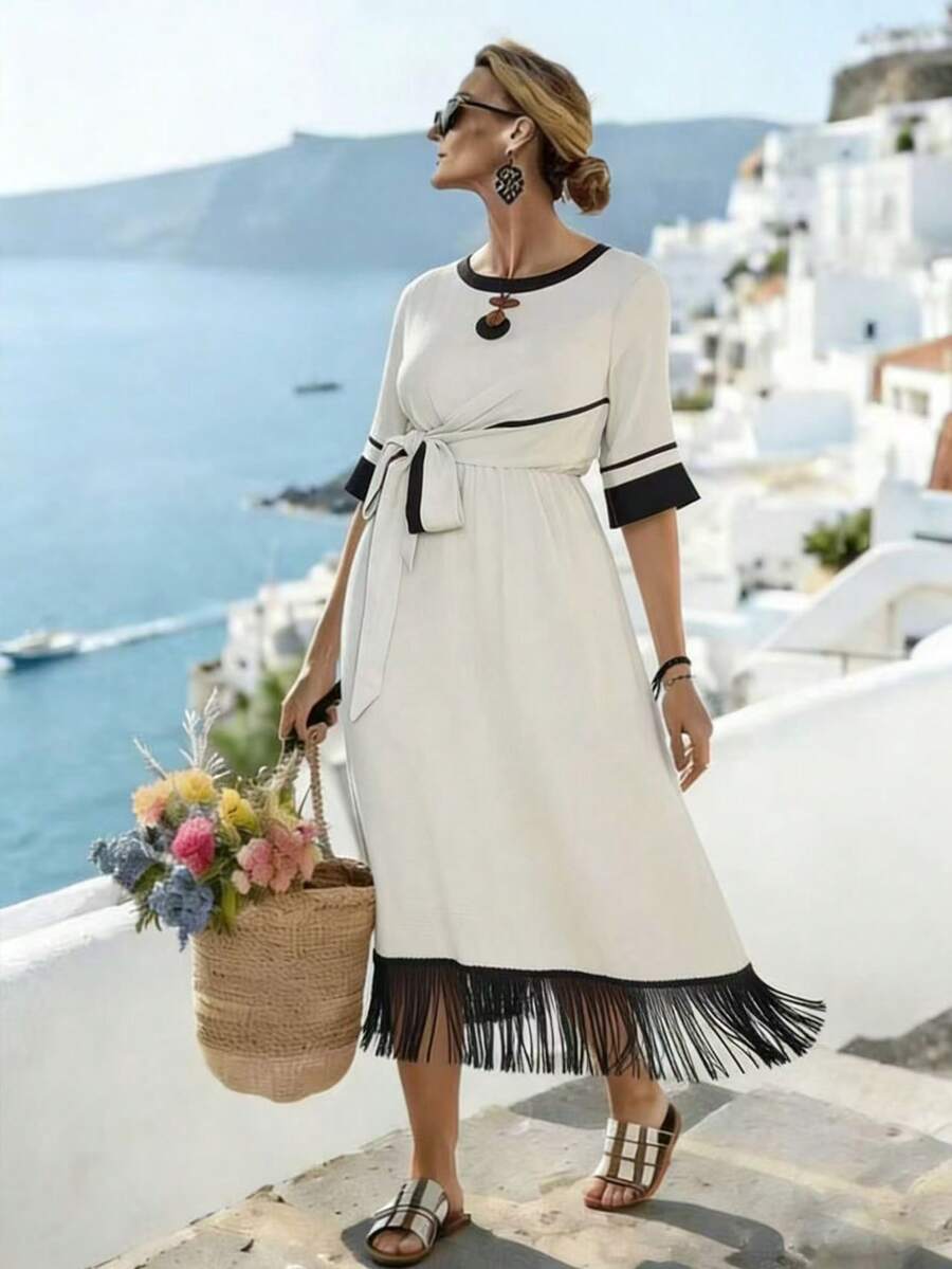 EMERY ROSE Plus Size Casual Dress, Comfortable, Minimalist, Versatile, Elegant, Suitable For Vacation, Party, And Dates - Apricot - View 1