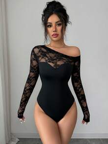 Rafferiza 蕾丝性感不对称露肩长袖，优雅高端黑色连体衣，女士休闲连体衣，女士度假装，女士优雅沙滩泳衣，嘉年华装，女士黑色连体衣 - 黑色 - 查看 7