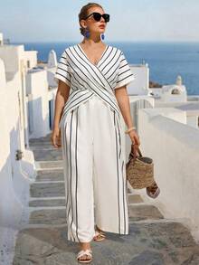 EMERY ROSE Plus Size Striped Criss-Cross V-Neck Short Sleeve Jumpsuit - Apricot - View 4