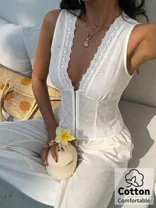 Aloruh Women's Deep V-Neck White Eyelet Embroidery Button-Up Shirt, Spring/Summer - White - View 1