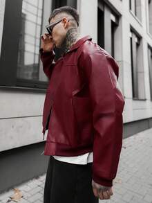 Artur Kramer Men's Autumn And Winter Drop Shoulder Long Sleeve Zip Up Red PU Leather Jacket - Red - View 6