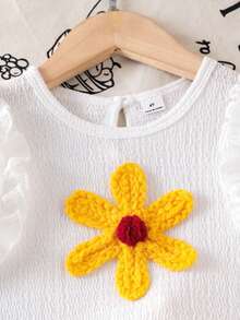 SHEIN Genkimix Kids Toddler Girl Summer Clothes,2pcs Knitted Jacquard Ivory Ruffle Trim Camisole Top And Yellow Sunflower Shorts Set,Cute Adorable Baby Kids Outfit - Yellow - View 7