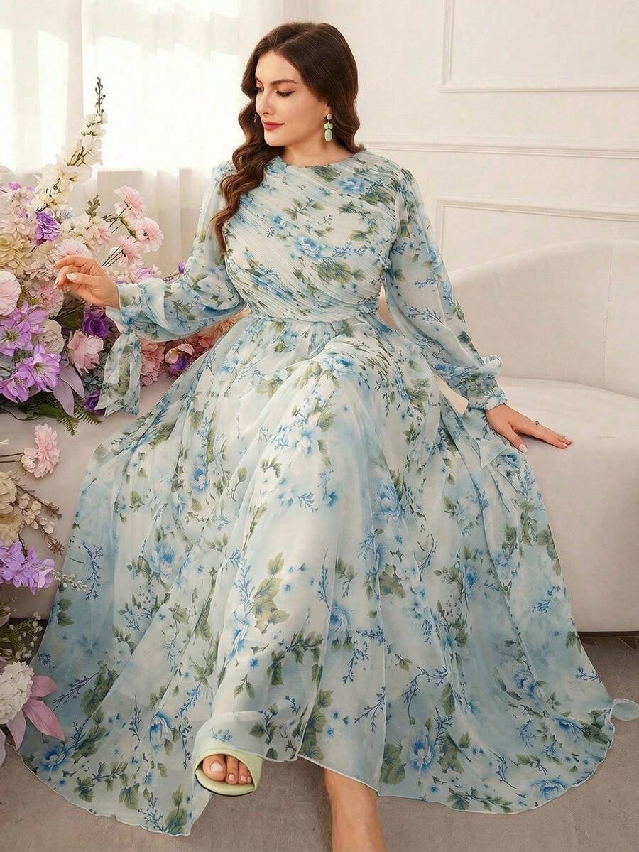 Modelyn 大码女士优雅印花收腰连衣裙 - 藍色 - 查看 1