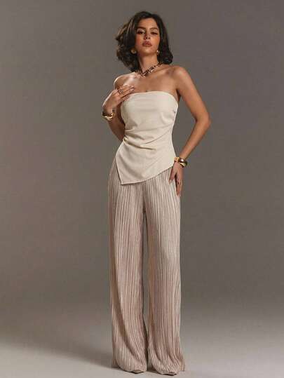 Aloruh Apricot Minimalist Pleated Split Hem Fitted Blouse + Wide Leg Extra Long Pleated Pants Women 2 Pieces Set, Suitable For Commuting & Office Wear