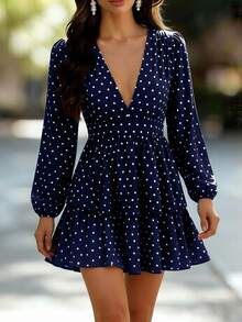 Auvina Vestido de mujer talla grande con cuello en V, estampado de lunares y mangas con volantes en el bajo - Azul Marino - Ver 4