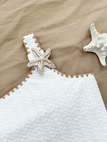 SHEIN Teen Girl Summer Beach Textured Knit Contrast Binding Metal Starfish Detail One-Piece Swimsuit - Apricot - View 7