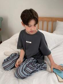Dazy Kids Tween Boy Round Neck Graphic Tee And Striped Pants Casual Loungewear Set - Dark Grey - View 7