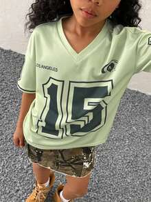 少女春夏V领短袖拼接袖口数码印花T恤 - 軍綠色 - 查看 5