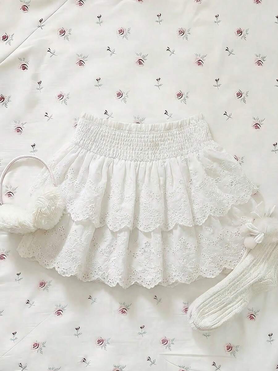 Elamini Women's Summer Vacation Style Paper Bag Waist Layered Schiffy Ruffle Hem Skirt - White - View 1