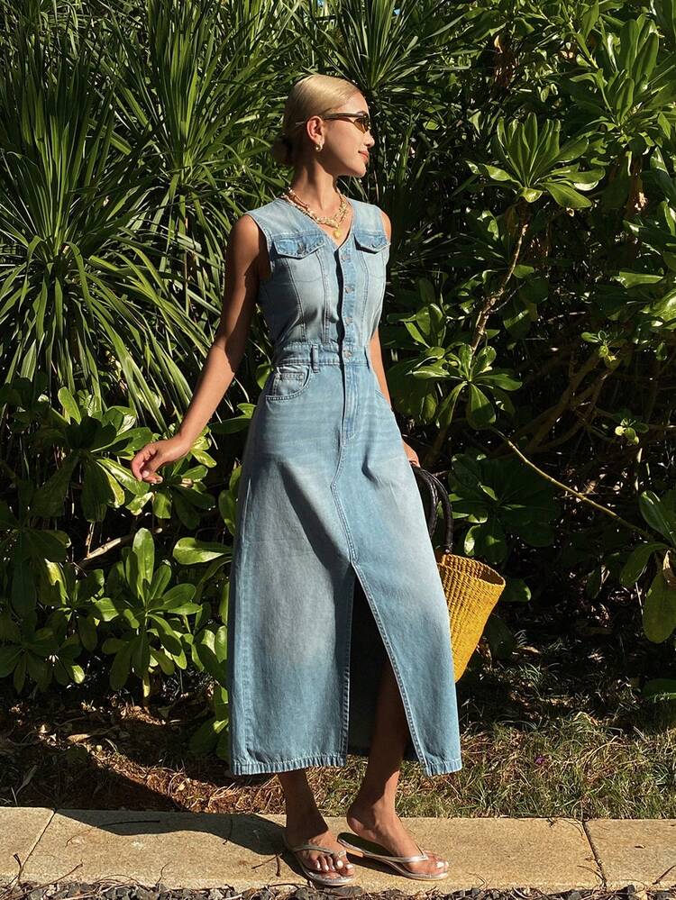 Women's V-Neck Sleeveless Waist Cinched Long Slit Casual Vacation Denim Dress