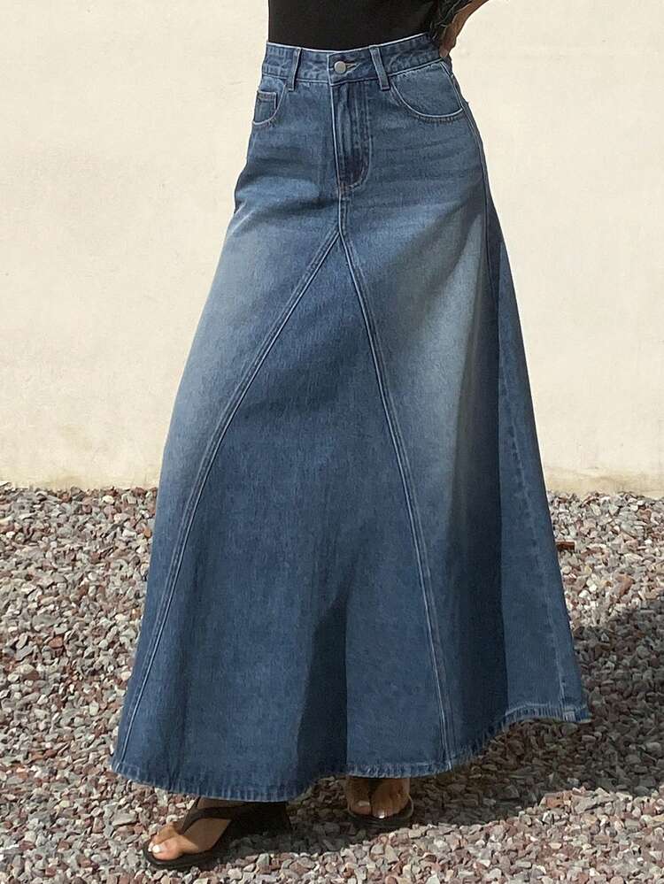Women's Regular Waist Loose A-Line Long Casual Denim Skirt