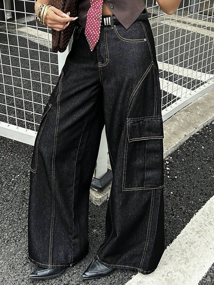 Women's Low Waist Seam Split Design Decorative Pockets Casual Straight Leg Jeans