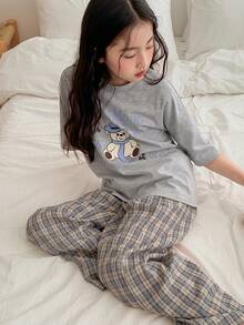 DAZY Tween Girl Cartoon Print Short Sleeve Top And Plaid Pants Pajama Set - Grey - View 8