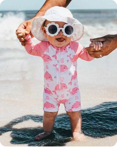 Newborn Baby Cartoon Beach Print Raglan Long Sleeve Zipper Front Rash Guard & Shorts Set,Kids