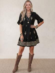 Wildy BOHO Women's Cute Black Woven Fabric Short Dress With Half Sleeves And Notched Neckline, Featuring A Ruffle Hem And Floral Print Detail - Black - View 8